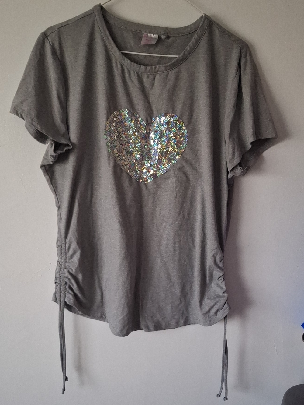 No Boundaries Gray Short Sleeve Top with Iridescent Sequin Heart